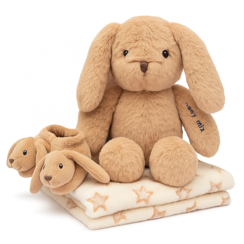 Ajándékszett Baby Mix – barna nyuszi cipőcskékkel és takaróval