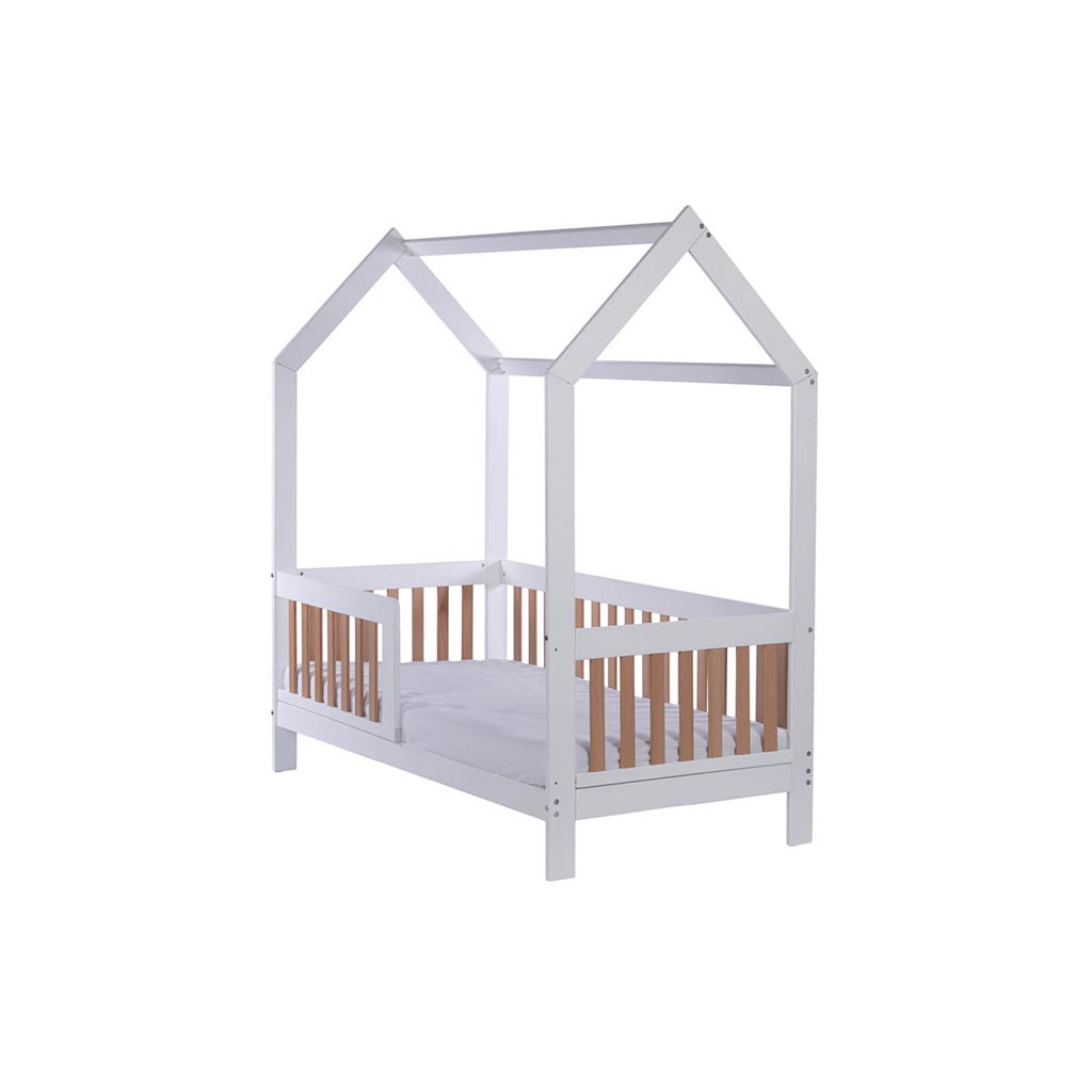 Gyerek bükkfa házikó ágy korláttal és ágyráccsal Drewex Casa Bambini 160x80x174 cm