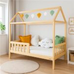 Gyermek ház alakú ágy korláttal és ágyráccsal New Baby CASTELLO 160x80 cm természetes
