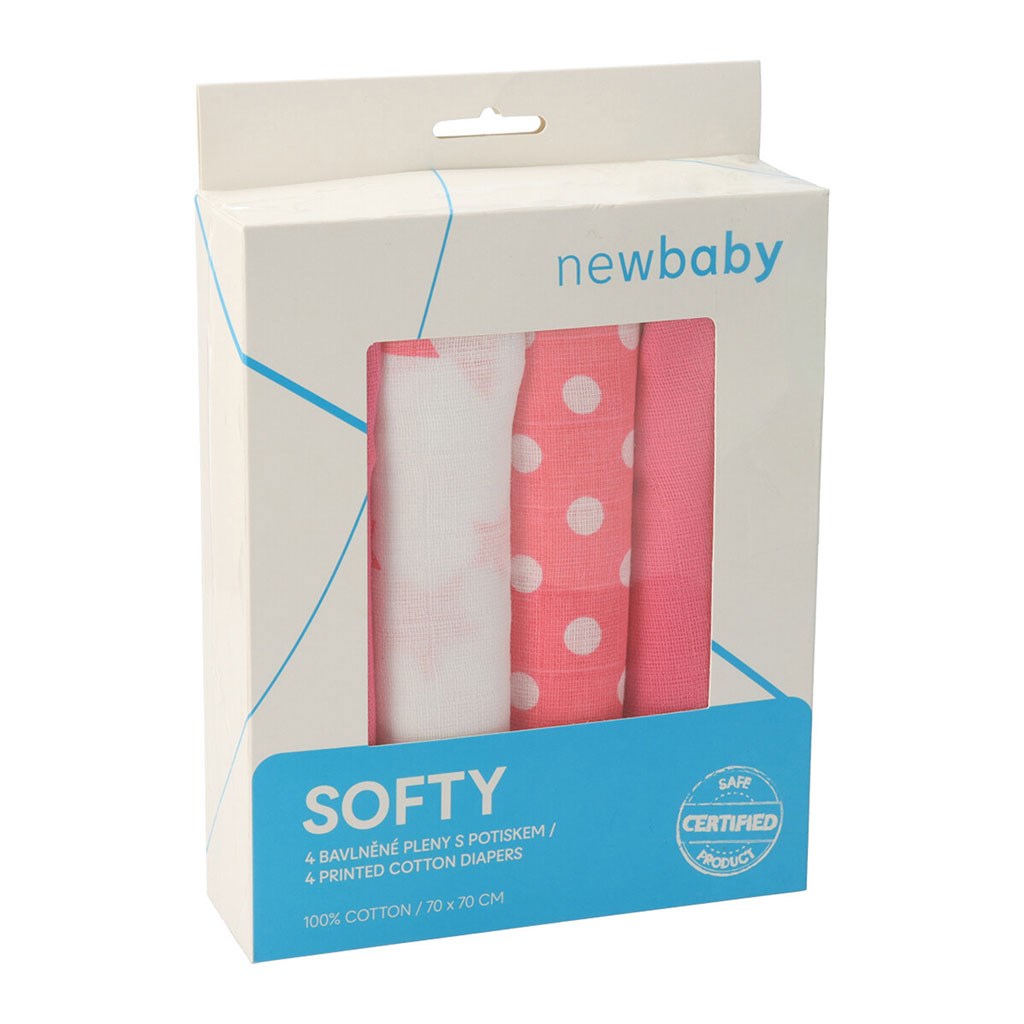 Pamut tetra pelenka New Baby Softy nyomtatott mintával 70 x 70 cm 4 db fehér-rózsaszín (sérült csomagolás)